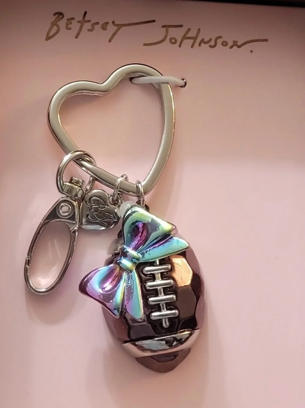 Betsey Johnson Silver Heart Keyring with Football and Iridescent Bow